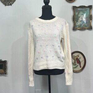 Vintage Y2K Cream Knit Floral Embroidered Sweater – Size Large
